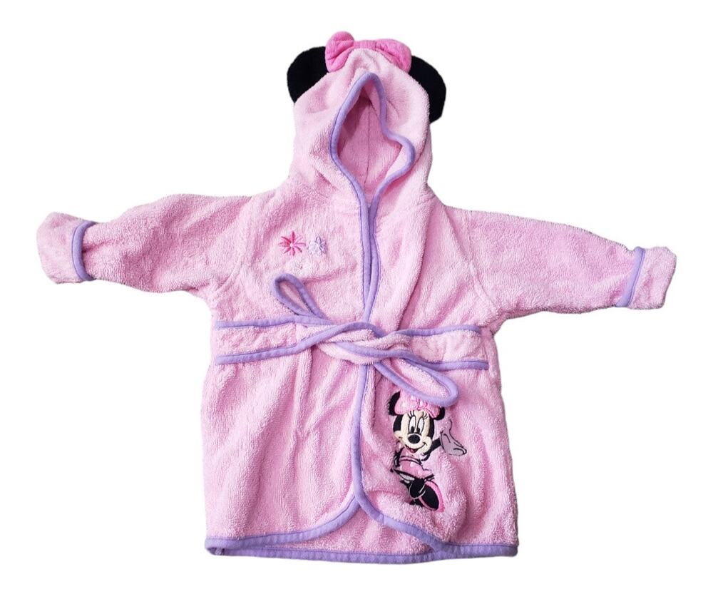 Disney Baby Minnie Mouse Hooded Bath Robe w. Ears & Bow | Size 0-9